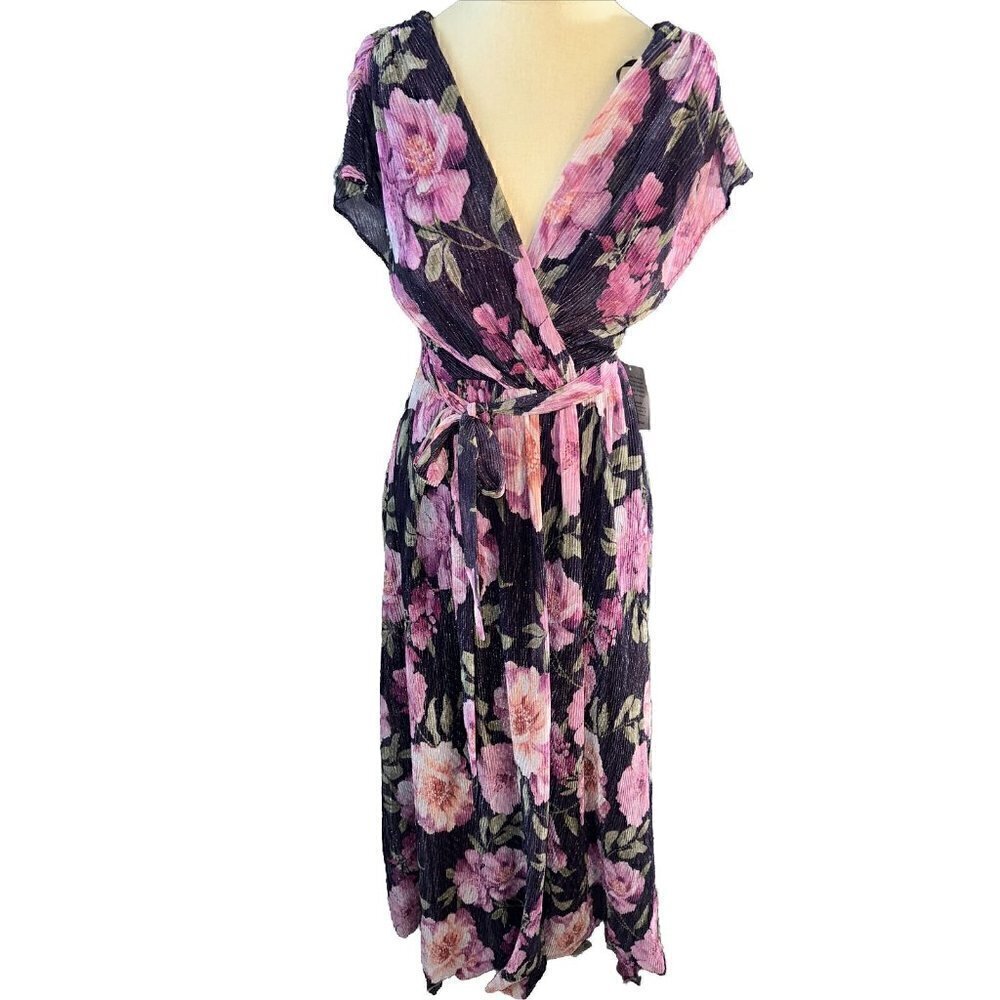 ELIZA J Women's Purple Floral  Metallic Sleeveless V-Neck Side-Slit Gown SZ 8 - Picture 3 of 8